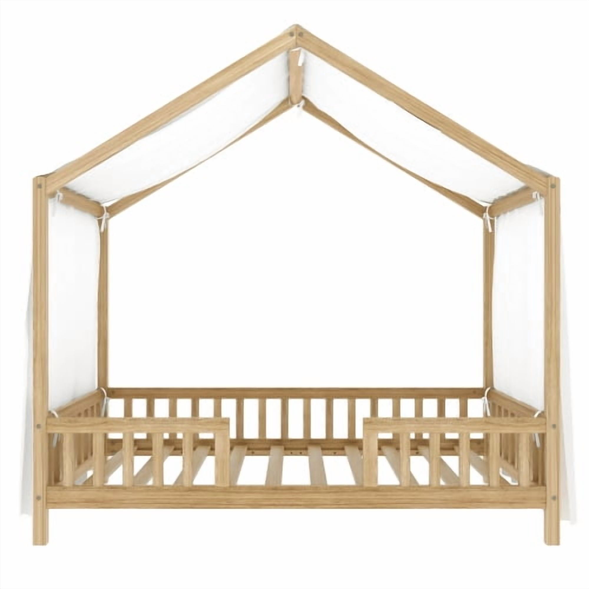 Bellemave Twin Size Canopy Bed, Montessori Floor Bed with High Railings, Wooden Twin House Bed with Roof, House Shaped Bed Twin, Natural