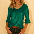 thumbnail image 6 of Homenesgenics Womens Tops Plus Size Spring Casual Sequined Fashion Three-Quarter Bell Sleeve V-Neck T-Shirt Top/Shirt Green XL, 6 of 9