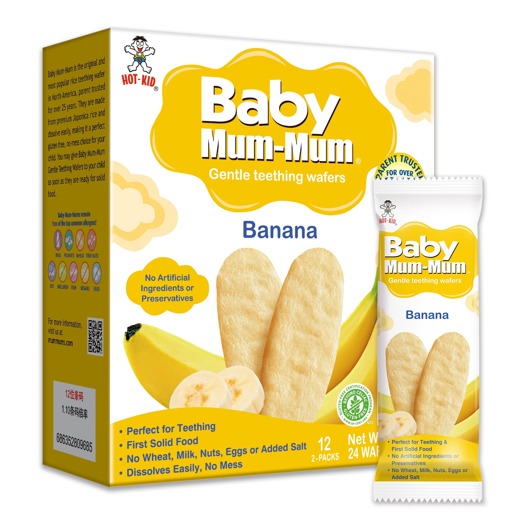 Baby Mum-Mum Rice Rusks, Banana, Gluten Free, Allergen Free, Non-GMO, Rice Teether Cookie for Teething Infants, 1.76 Ounce, 24 Pack