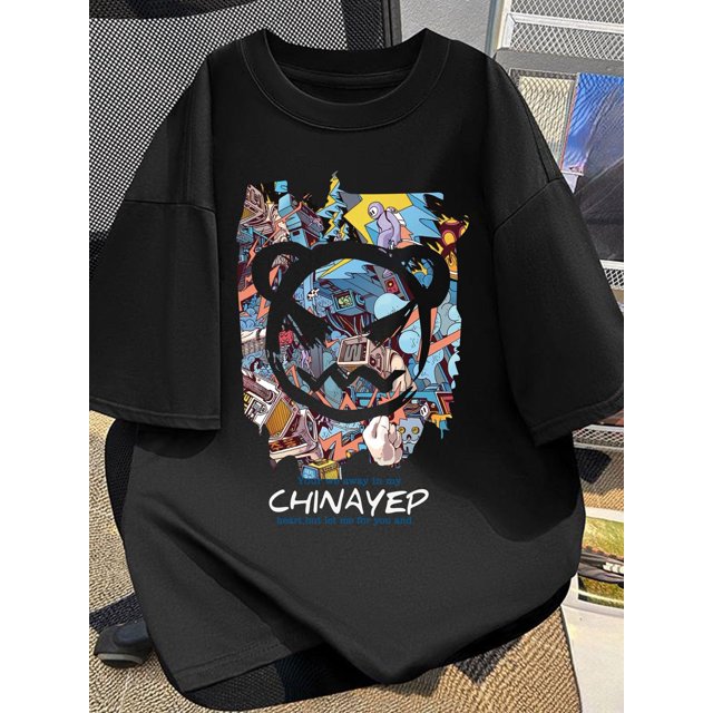 Men's Cotton Short Sleeve T-Shirt, Casual Crew Neck, Street Graffiti Style, Fashionable All-Match, Summer Top, 100% Cotton, Slight Stretch, Regular Fit, 220g/m² Knit Fabric, Casual Sporty Tee
