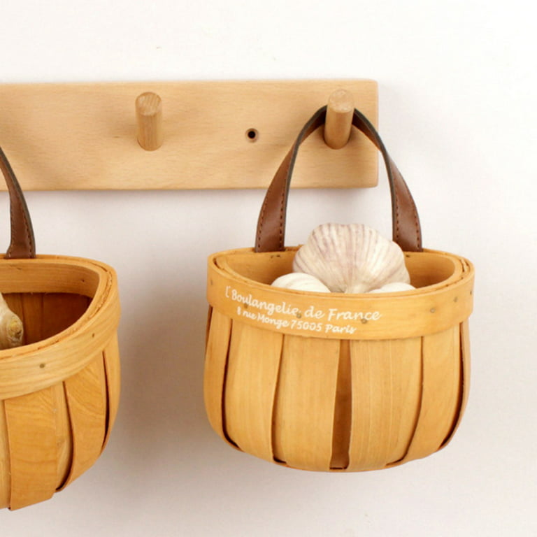 Hotiary Round Natural Woodchip Basket,Wooden Storage Basket with Leather  Handle,Kitchen Storage Basket for Organizing 