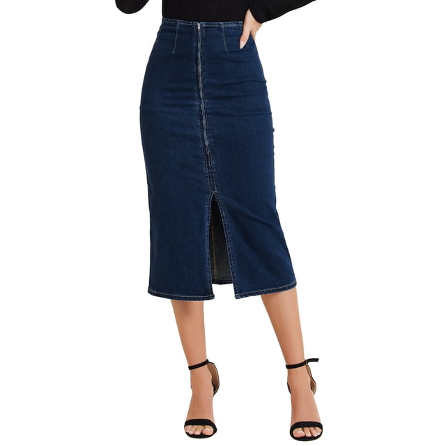 Falda Maxi de Mezclilla INSPIRE CHIC para Mujer con Abertura Frontal, Cierre de Cremallera, Cintura Alta, Cuerpo Ajustado, Talla XL, Azul Oscuro