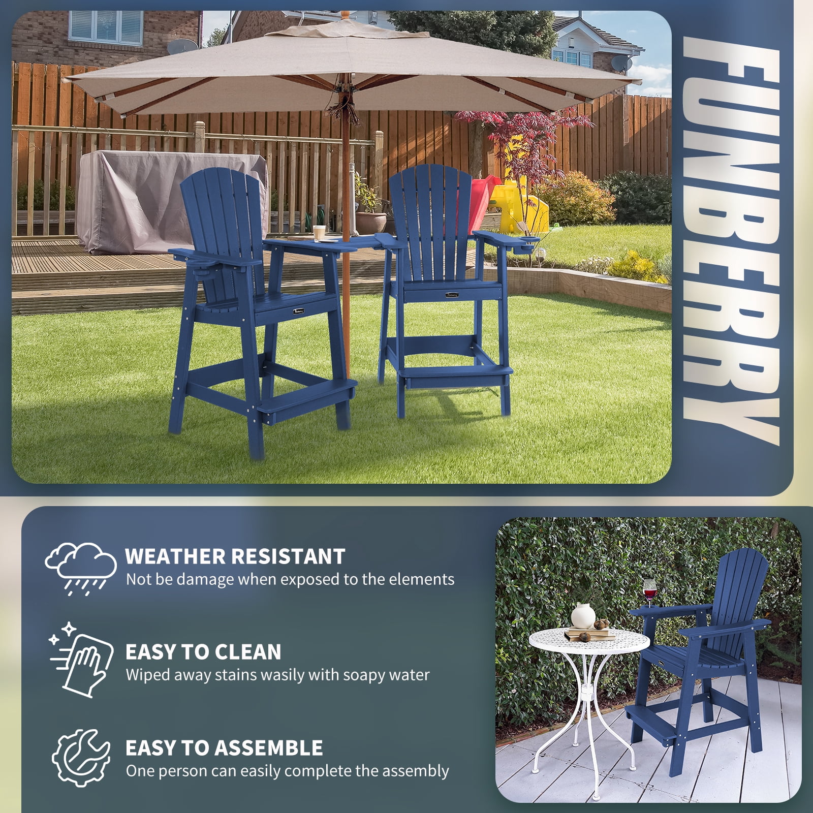 FUNBERRY Tall Adirondack Chairs Set of 2 with Removable Connecting Table, All Weather High Top Balcony Chair with Cup Holders