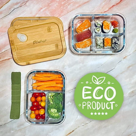 Glass Bento Box Containers with Bamboo Lids, 3 Compartment Meal Prep Set -  Plastic Free -Friendly Lunch Box for Adults