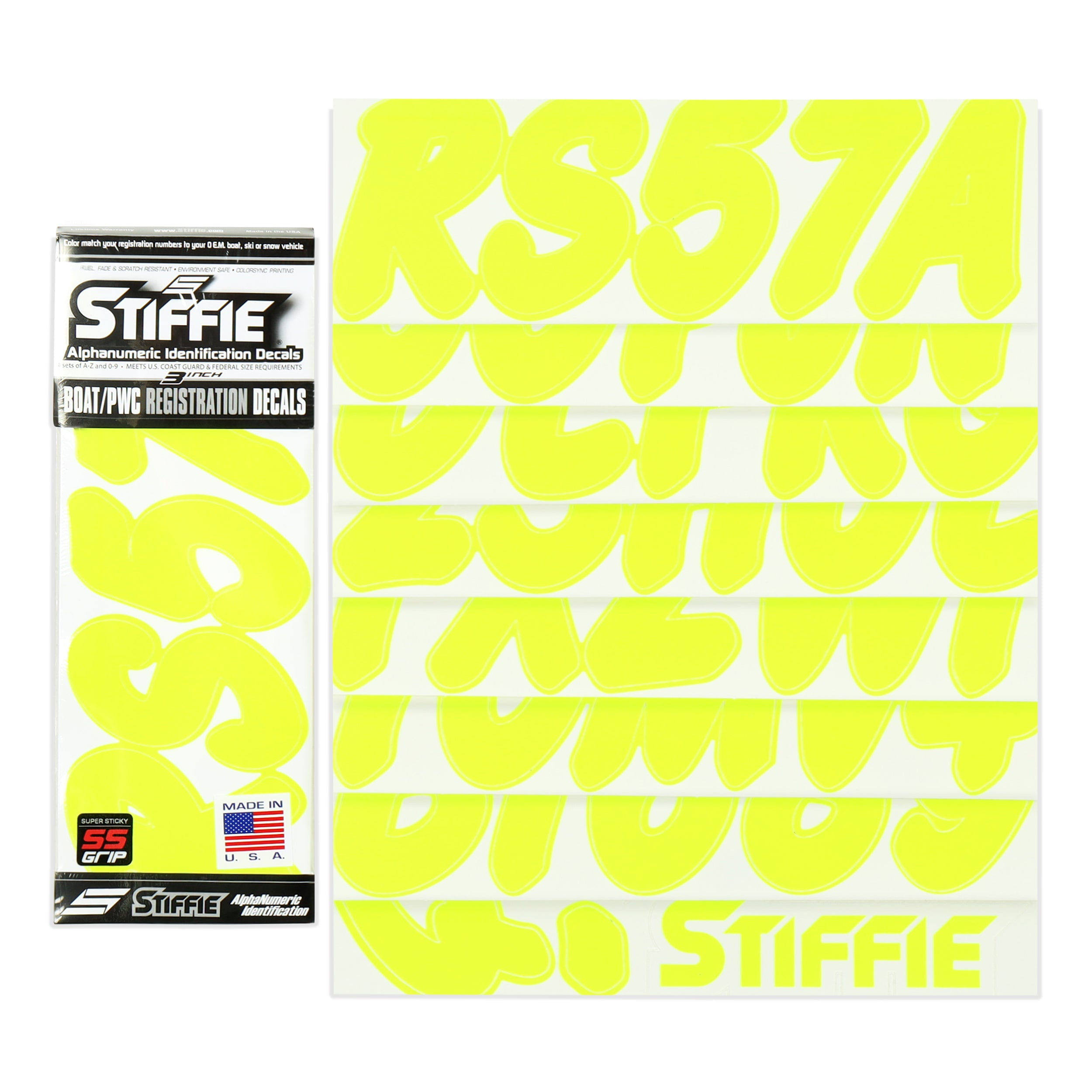 Stiffie WhipOne Day Glow Yellow Super Sticky 3" Alpha Numeric
