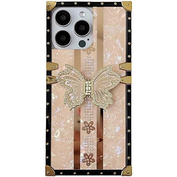 Case for iPhone 16,Glitter Kickstand Cute Luxury Bling Sparkly Rhinestone Butterfly Foldable Stand Elegant Shockproof Women Girl Phone Case for iPhone 16,6.1 inch 2024 (Gold)