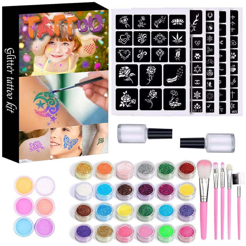 Glitter Tattoo Set for Kids Temporary Glitter Tattoo Make Up Kit with 24 Glitter Tube 5 Hollow Template for Party Festivals Events DIY Decoration - Walmart.com