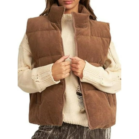 Casual Stand Collar Sleeveless Jackets Warm Padded Vest Zippered Corduroy Quilted Gilet Waistcoat with Pockets for Women