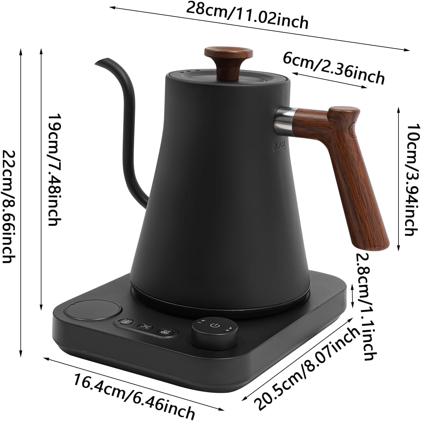Electric Gooseneck Kettle for Coffee/Tea, 1200W 0.9 Liter Electric Kettles with Food Grade 304 Stainless Steel Inner, Quick Heating, Precise Temperature Control (Black)