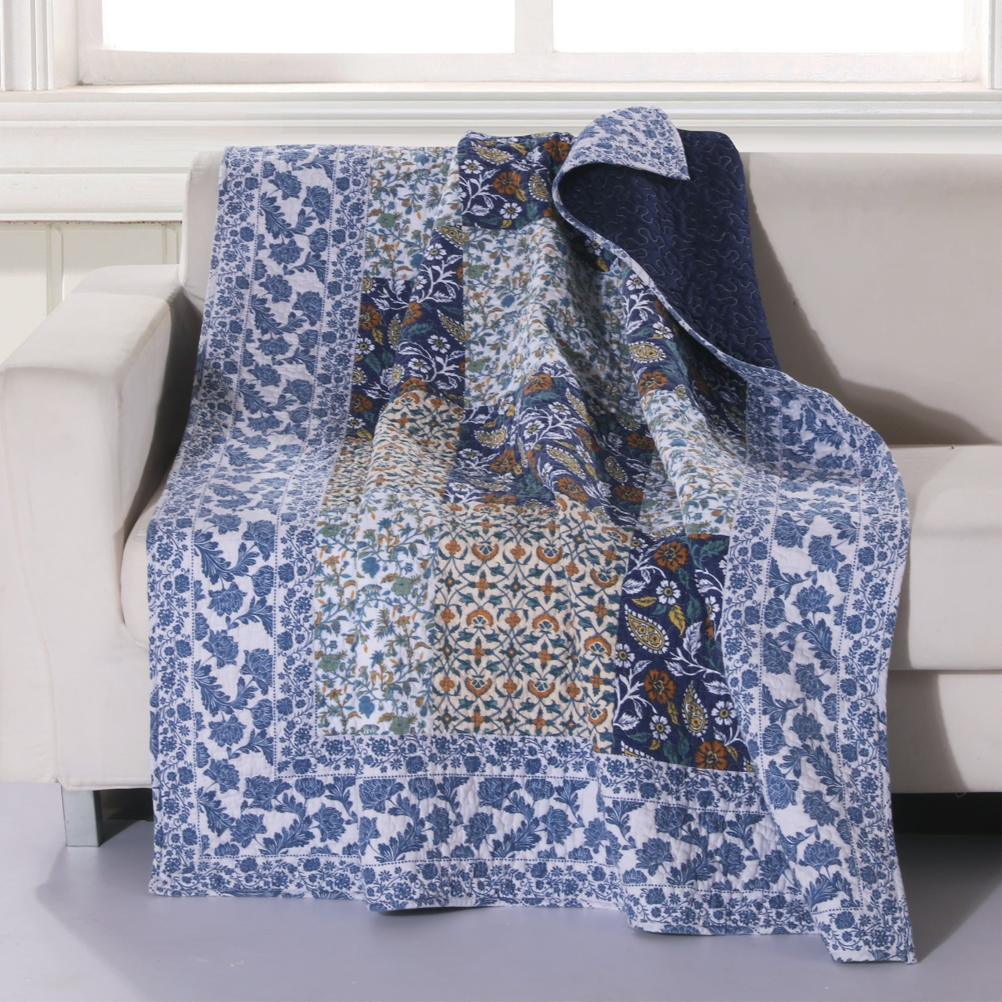 60 x 50 Inches Cotton Throw Blanket with Leaf Print, Blue and White