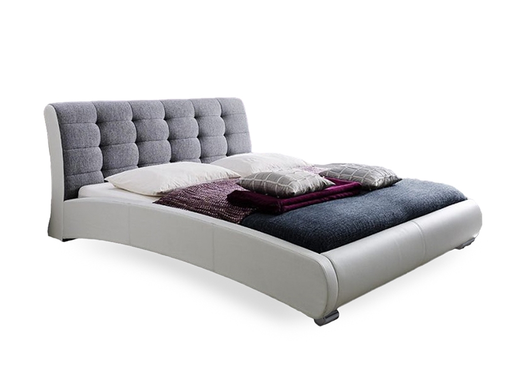 Skyline Decor White Faux Leather Grey Fabric Two Tone Upholstered Grid Tufted Queen-Size Platform Bed - image 2 of 4