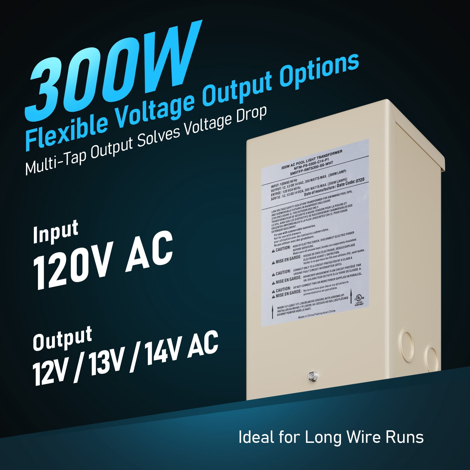 2 Pack 300W AC Pool Light Transformer, 120V to 12V/13V/14V Multi-tap Low Voltage Transformer for Swimming Pool Lighting, Circuit Protection, UL Listed & NEC 680.23