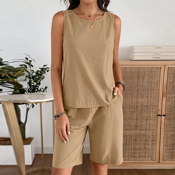 Fewfanhot Sets for Women Round Neck Tank Top Pocket Cargo Shorts 2-Piece Set, Casual Loose Fit Lounge Wear, Soft & Comfortable Outfit