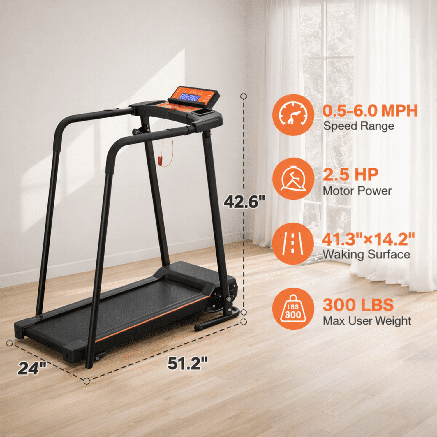 Noaman Walking Treadmill for Seniors & Recovery with Extended Safety Handrails, 300 lbs Capacity, 2.5HP Foldable Portable Treadmill for Home, Smart APP Control & Joint Protection Shock Absorption