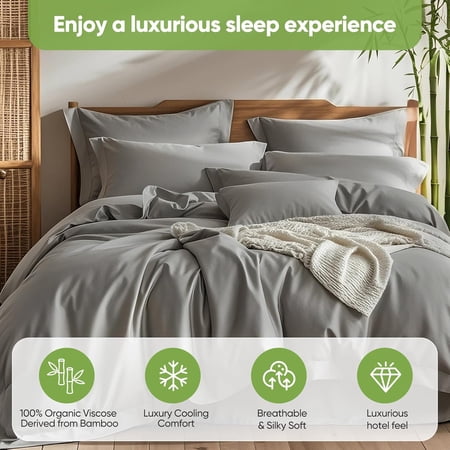 King Size Bamboo Viscose Bed Sheets, Gray, Silky Soft & Cooling Fabric, Breathable Bed Sheets with Pillowcases for Hot Sleepers