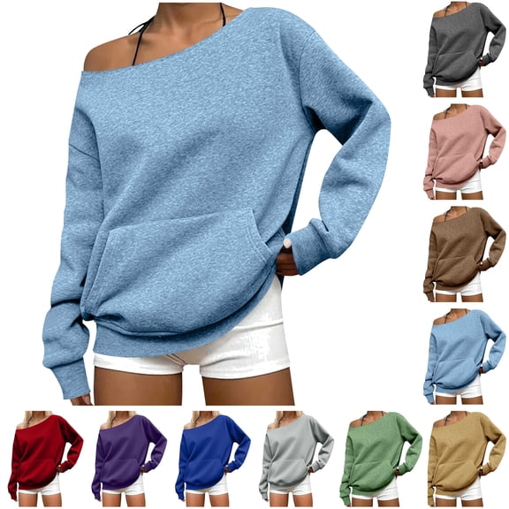lcziwo Off the Shoulder Sweatshirt for Women Solid Color Loose Casual Pullover Tops Oversized Cute Long Sleeve Shirts with Pockets, Black, M