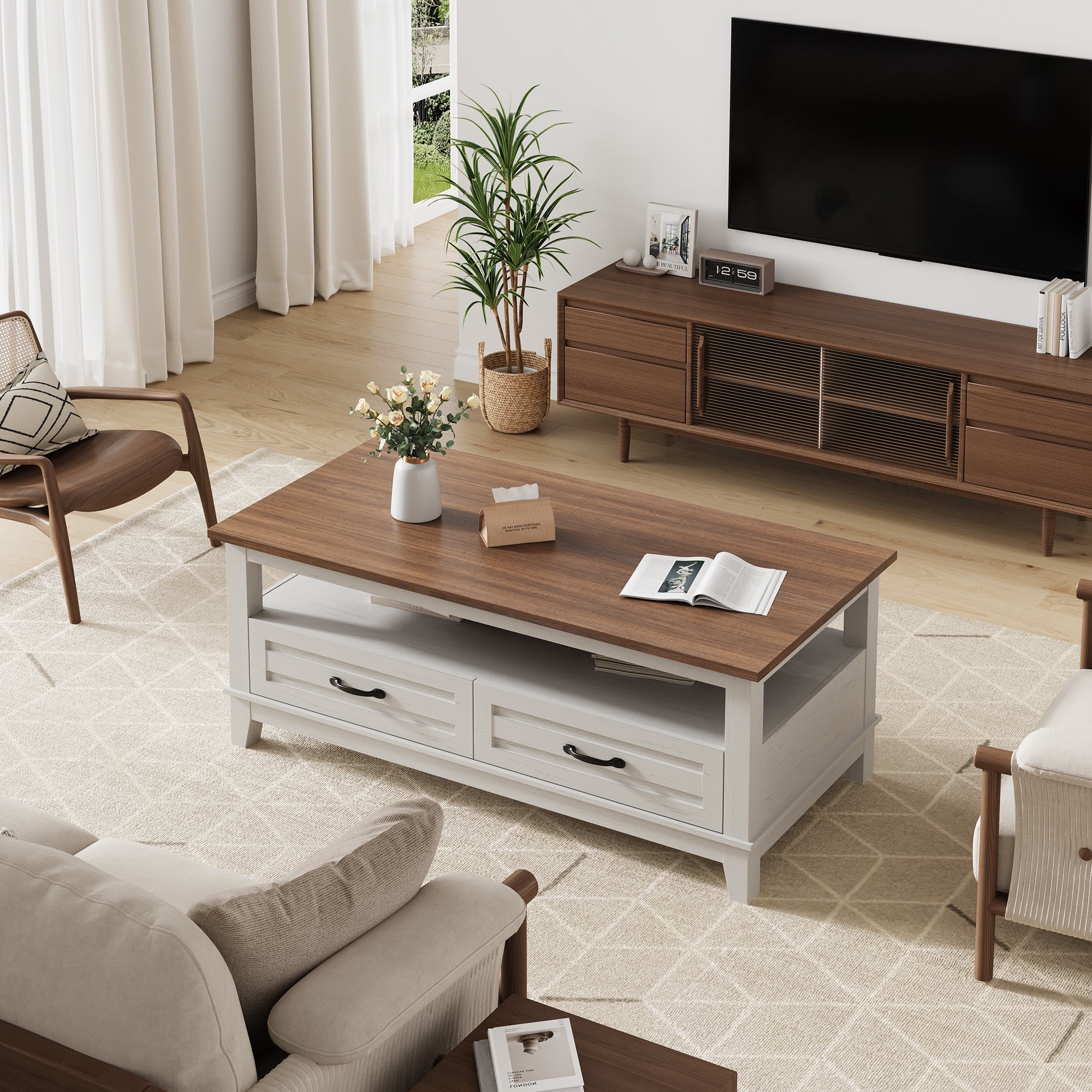 Farmhouse Coffee Table with Storage, Wood Coffee Table for Living Room, Open Display Area and Storage Drawers with Handles, Chic Style for Office, Parlor, Reading Room
