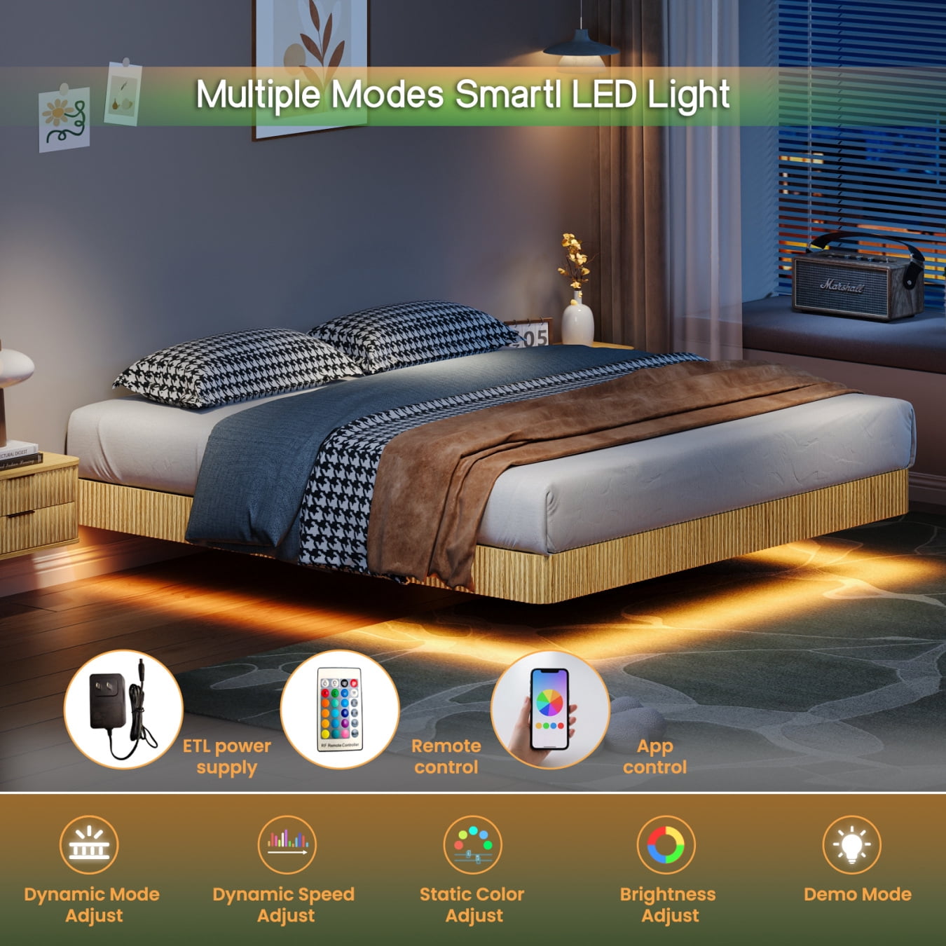 Floating LED Bed Frame King Size, Adjustable Color Lighting, Metal Platform with Under Bed Storage, No Box Spring Required, Tool-Free Assembly, Solid Oak Finish