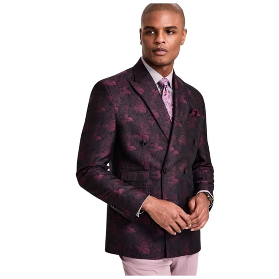 Tayion Mens Classic fit Double Breasted Suit Jacket Blazer 48 R Red Floral