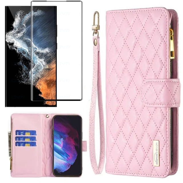 Tasnim Daimond Wallet Case for Samsung Galaxy S23 Case With Screen Protector (Pink)