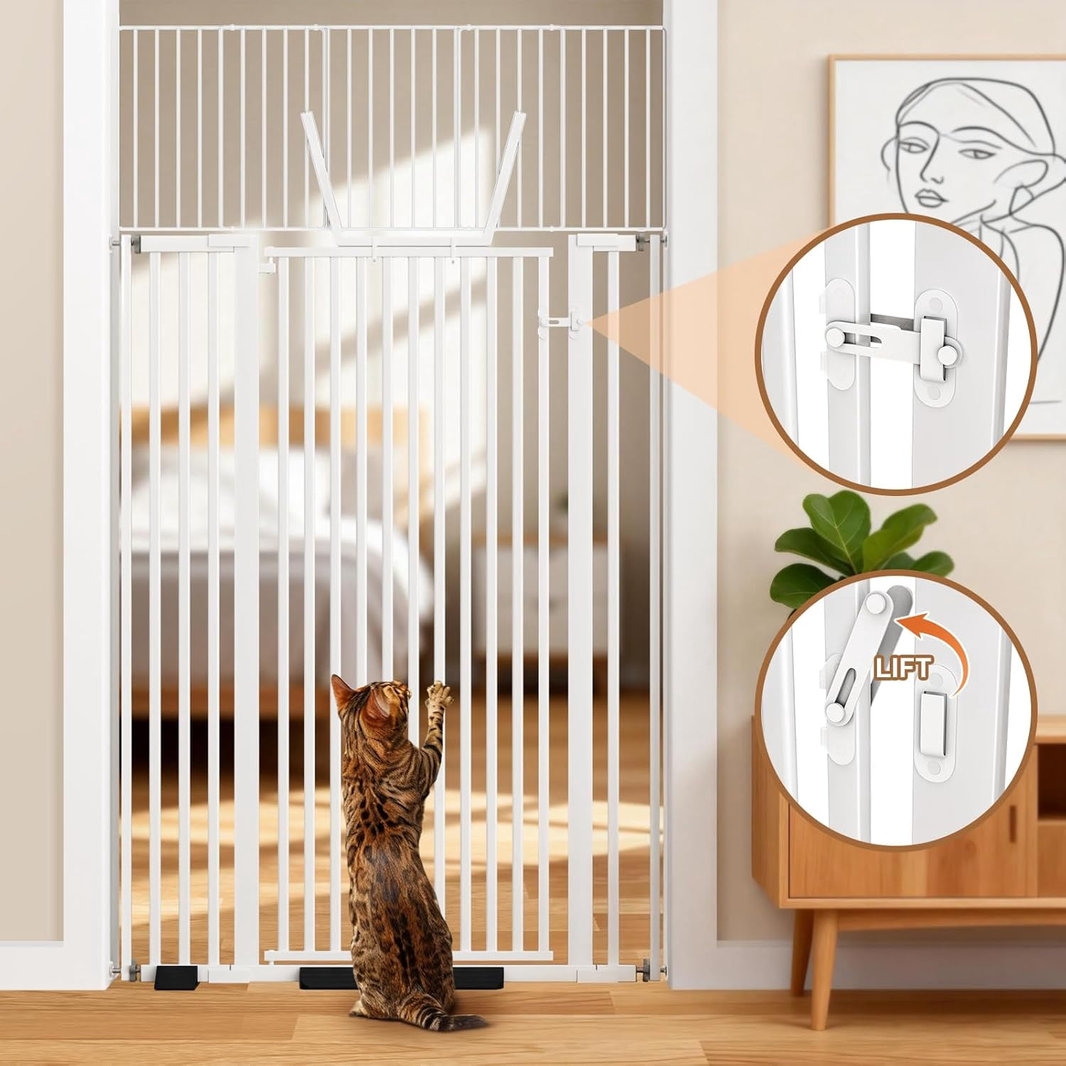 Extra-tall cat door (71 inches), 30-41 inch wide automatic closing pet door with extension kit; drill-free pressure-install dog door, suitable for living room, hallway, and study.