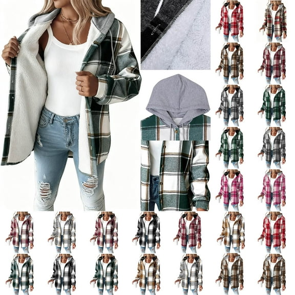 Busydd Women's Winter Coats Trendy Long Sleeve Plaid Warming Jacket Casual Comfortable Button Hoodies for Women with Pocket S