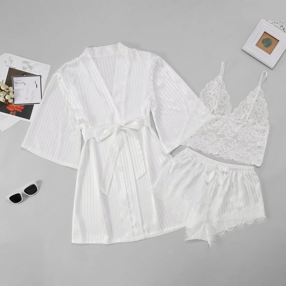 uublik Women's Bathrobe Pjs Sets 3Pcs Cami Shorts Sleepwear Summer Cute Loungewear White
