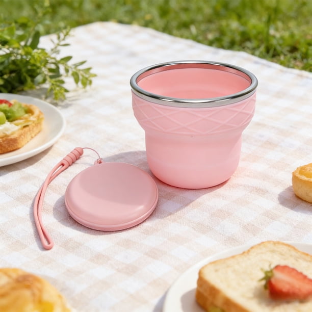Vaso de agua plegable de silicona de 200 ml con tapa y cuerda colgante, vaso portátil para viajes, camping y exteriores, para bebidas frías y calientes.