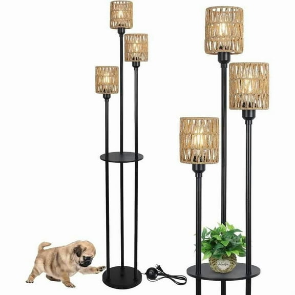 Boho Shees, 3-Lights Farmhouse Tall Floor ON/OFF Foot Switch, Rustic Standing Lamp with Rattan Shades for Living Room Bedroom Office