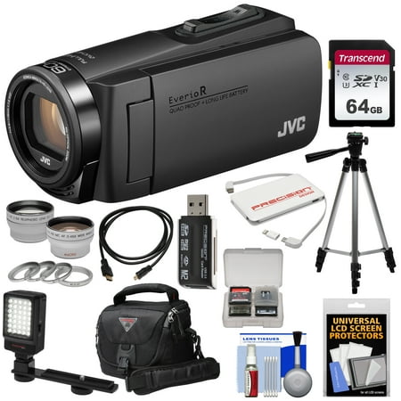 JVC Everio GZ-R460 Quad Proof 1080p HD Video Camera Camcorder (Black) with 64GB Card + LED Light + Tripod + Case + Charger + 2 Lens Kit