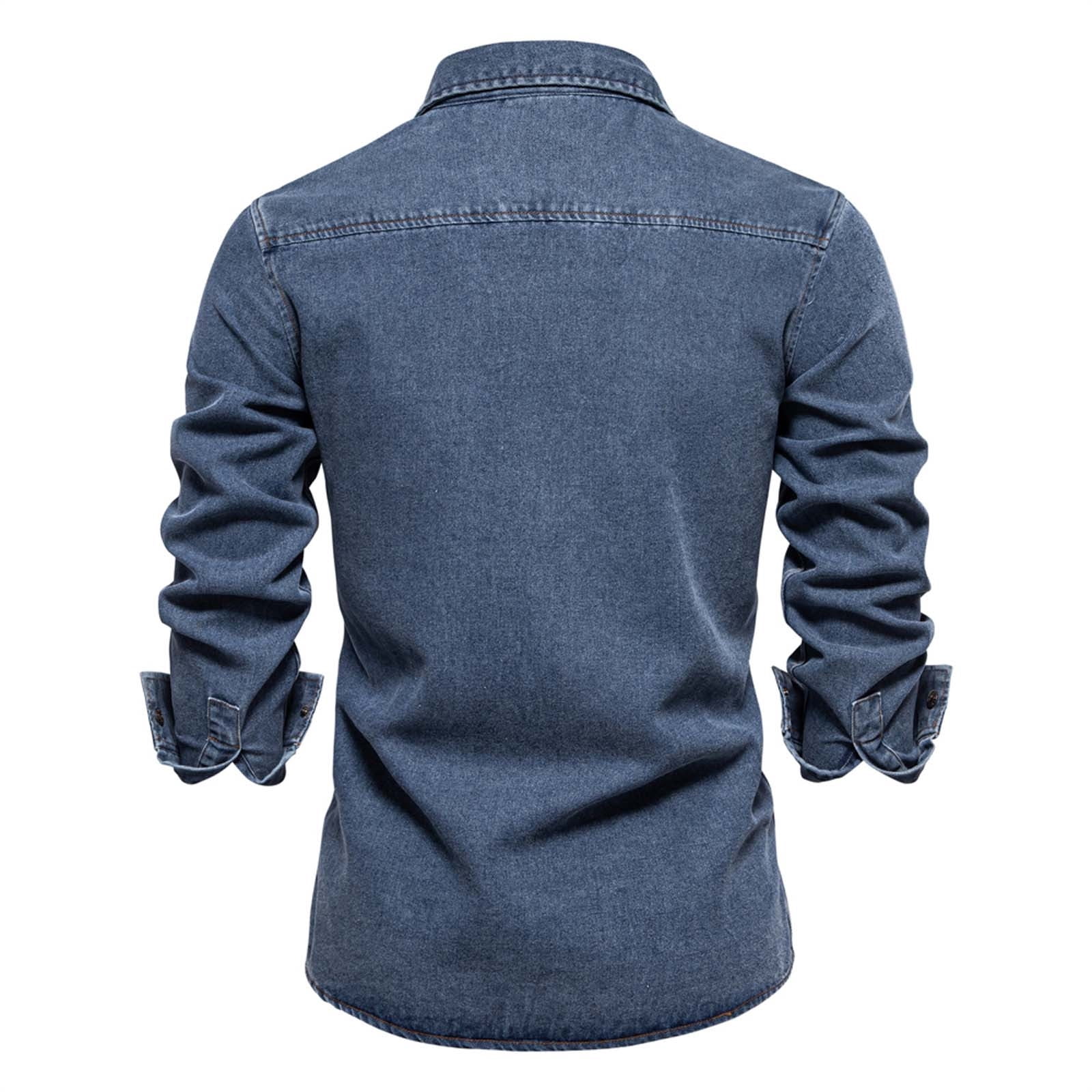 Mens T-shirts Fall New Trend European Size Denim Shirt Mens Casual Solid Color Long Sleeve Washed Shirt Long L Christmas T Fit Mom Baseball Mom Hoodies Men Turtle Neck Tee Sleeve Tees Dark Blue 2XL