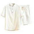 thumbnail image 2 of VBTAPA Men's Linen Shirt and Shorts Set Short Sleeve Collared T-shirt Drawstring Shorts 2 Pieces Beach Outfits Basic Solid Matching Lounge Sets White XXXL, 2 of 5