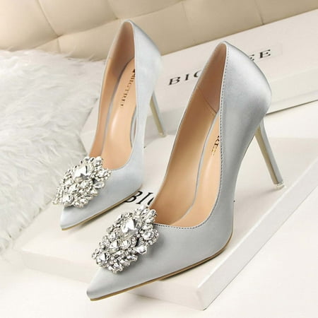 

Mother s Day Gifts AXXD Pointed Toe High Heel Thin Heels Shallow Rhinestone Elegant Thin Silver Water Shoes For Women Christmas Size 35