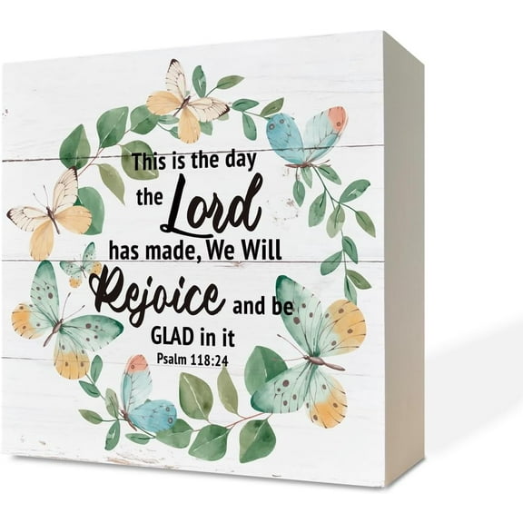 Zomyto 5x5 IN Christian Wooden Box Sign Desk Decor, Psalm 118:24 - This is the Day the Lord has Made Sign