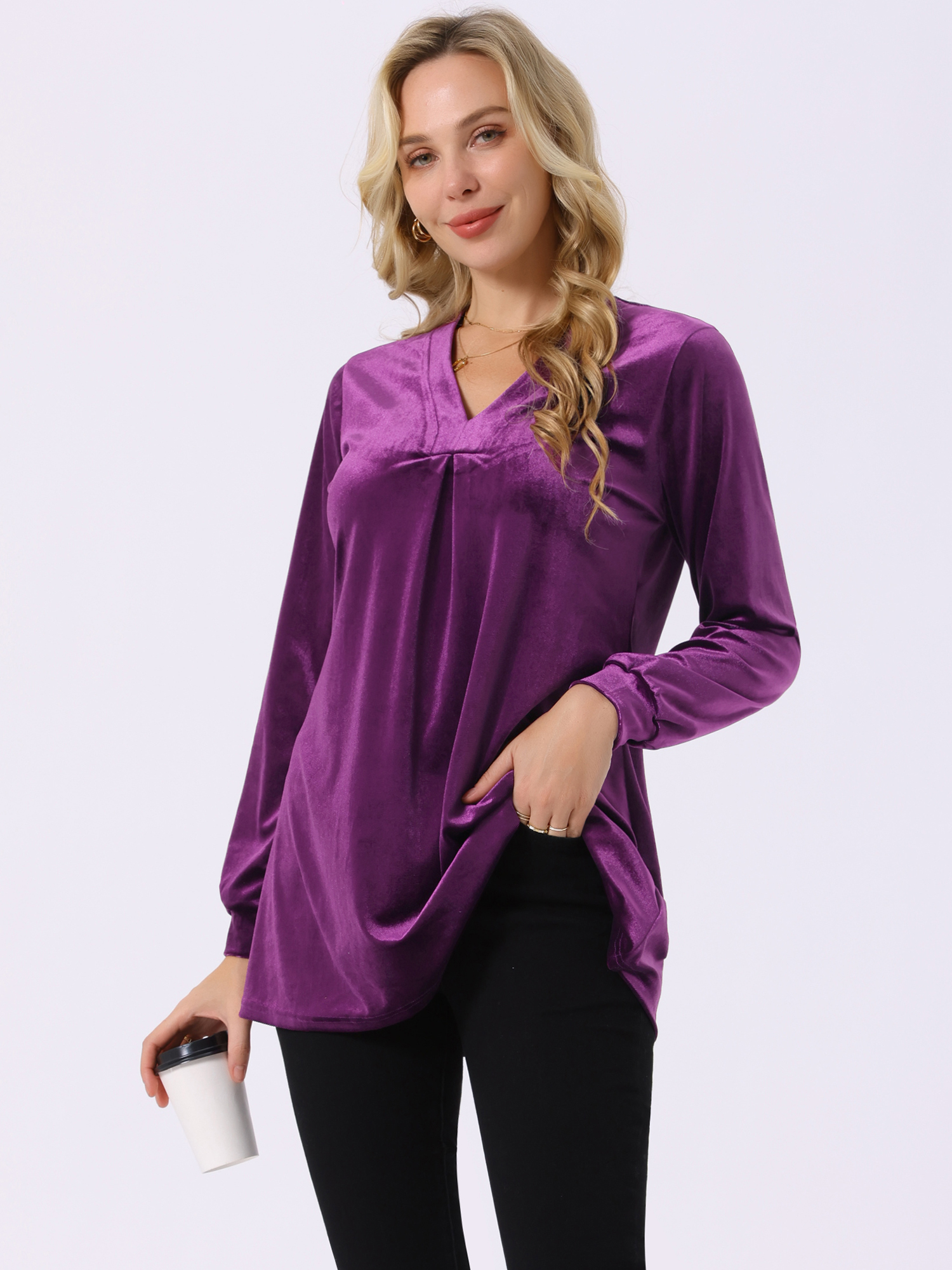 DARING DIVA Women's Velvet Top V Neck Long Sleeves Loose Blouse S Purple