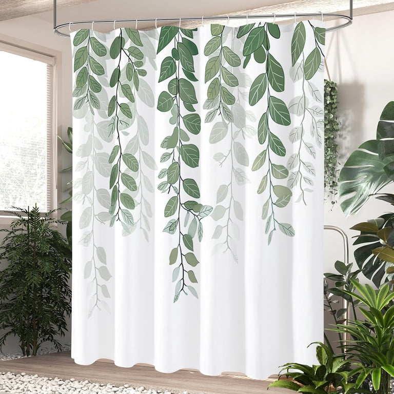 Green Eucalyptus Watercolor Shower Curtain Set - 71x180 Inch, Polyester, Includes Hooks, Botanical Bathroom Decor