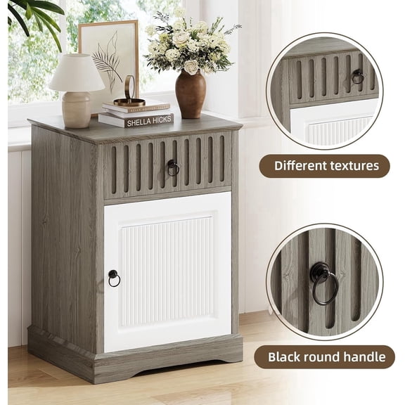 Catrimown White & Grey 18 Inch Farmhouse Nightstands, Wooden Bedside End Table with Drawer