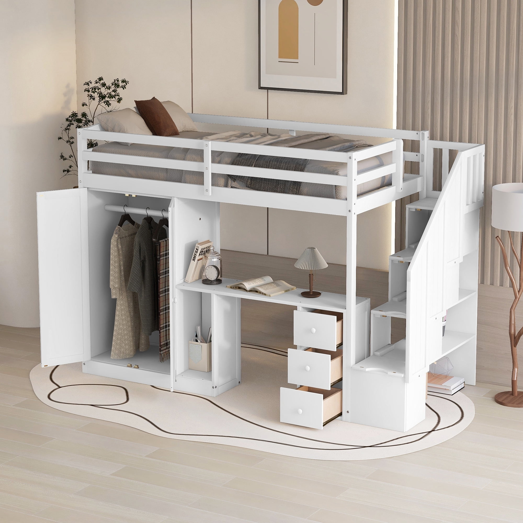 Euroco Twin Size Pine Wood Loft Bed with Desk Drawers and