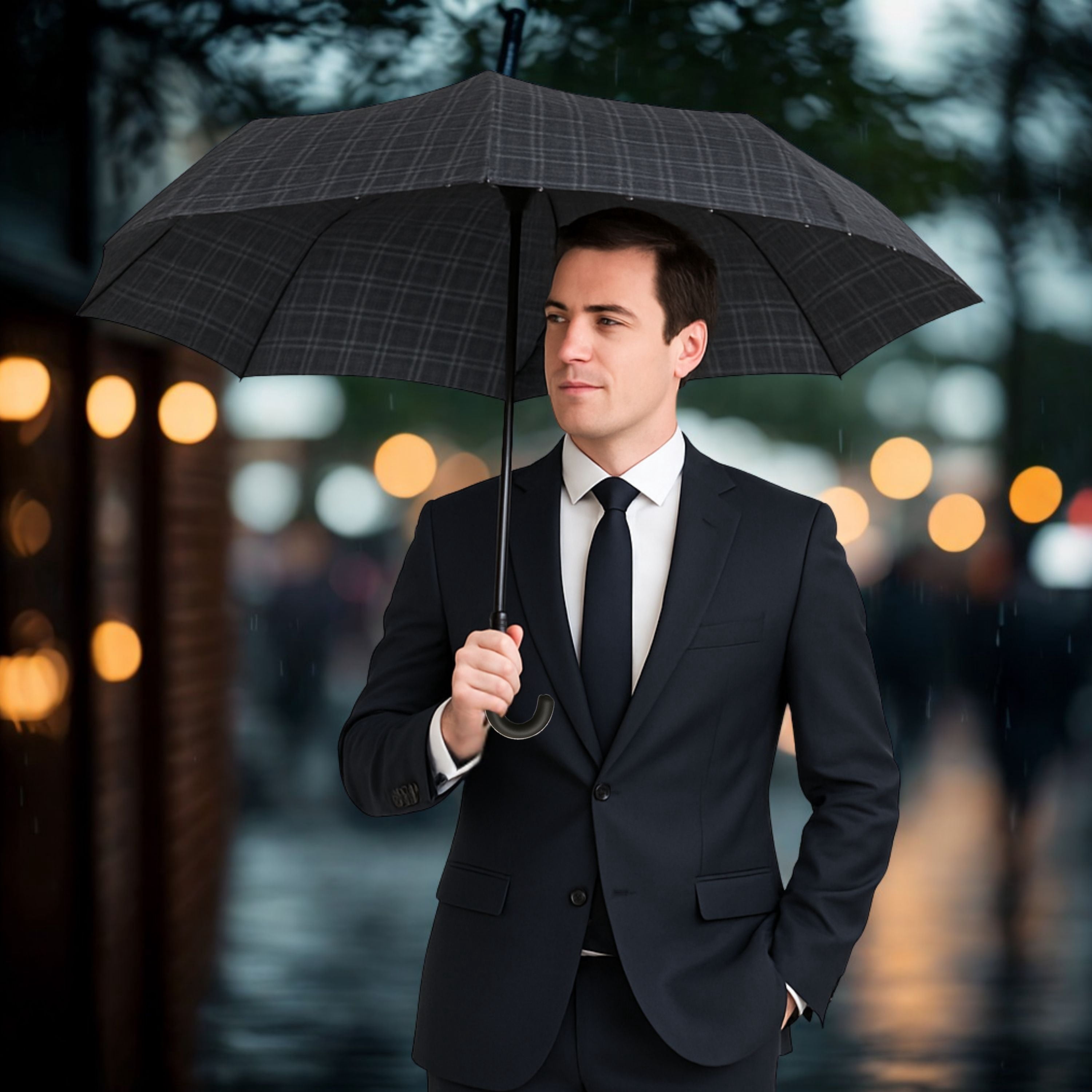 Knirps T.260 Duomatic Medium Pocket Rain Umbrella in Men's Check – Automatic Open Close, Wind-Tunnel Tested to 93mph, Hook Handle Design, 38in Canopy, OEKO-TEX, Fits in Backpacks & Purses