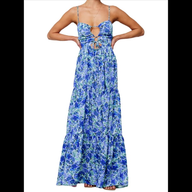 Vestido de Verano con Estampado Floral para Mujer, con Tirantes Finos, Aberturas y Lazo en la Parte Delantera, Holgado, Estilo Bohemio. Azul M