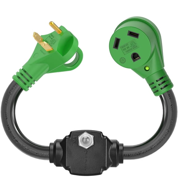 RVGUARD Overload Protector 30 Amp RV Circuit Breaker, NEMA TT-30P to NEMA TT-30R Cord with LED Power Indicator, 18 Inch, Green, ETL Listed