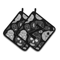 Letter Z Day of the Dead Skulls Black Pair of Pot Holders
