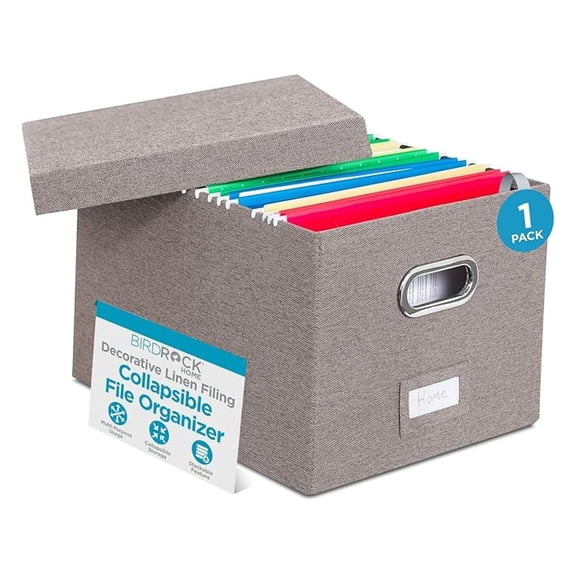 Collapsible File Box Storage Organizer with Lid - Decorative Linen Filing & Storage Office Boxes – Hanging Letter/Legal Folder – Home Office Bins Cabinet – Grey Container - 1 Pack