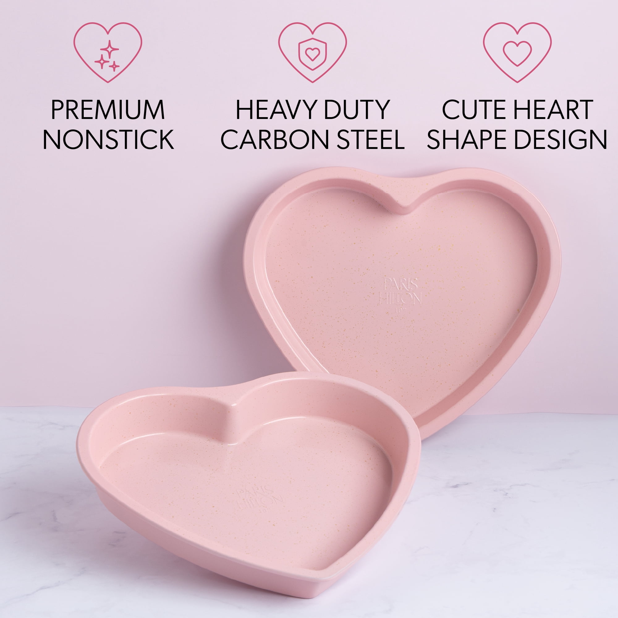 Paris Hilton 10.25-Inch Nonstick Heart Shaped Cake Pans, 2-Pack Carbon Steel Layer Cake Baking Pan Set, Dishwasher Safe, Pink