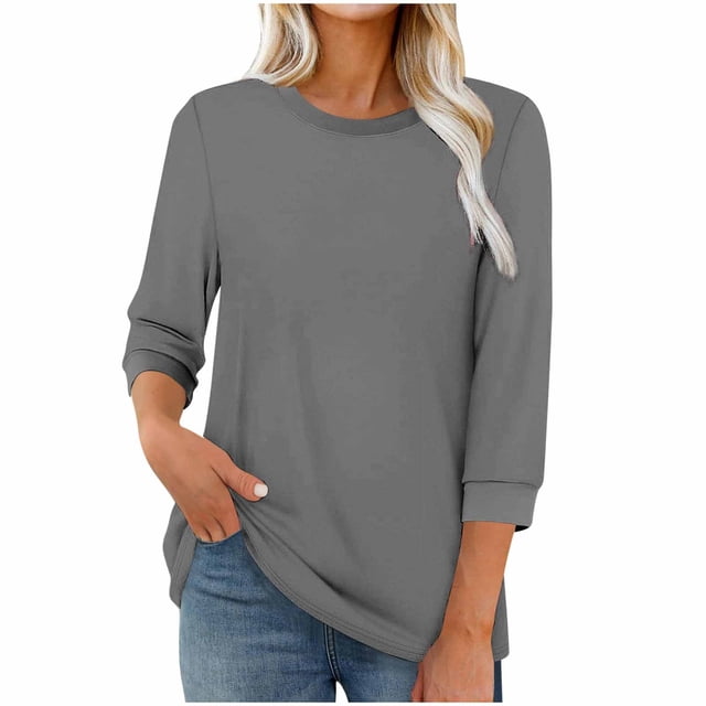 Enjoytime Blouses pour Femmes Habillées Décontractées Couleur Unie Col Rond Manches 3/4 Hauts Tendance Chemises de Travail Gris TTG