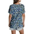 thumbnail image 4 of Shirts for Women Short Sleeved V-Neck Floral Print Pleated Casual Summer Blouse Blue L, 4 of 6