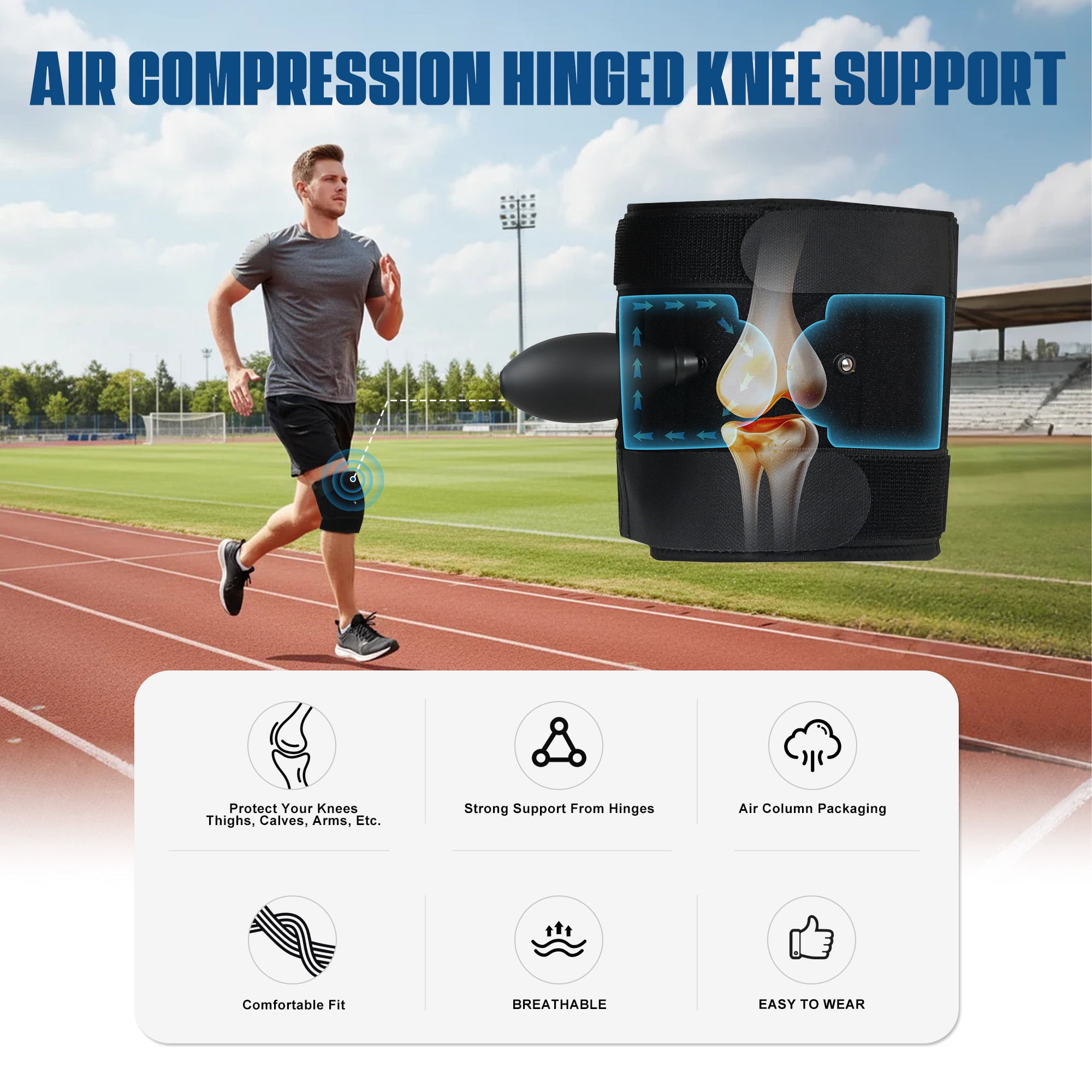 HLTHZONE Hinged Knee Brace with 6 Aluminum Splints & Manual Air Pump, Adjustable Compression Knee Support for Knee Pain Relief, Meniscus Tear, Arthritis, Sports Recovery, Adjustable, Black