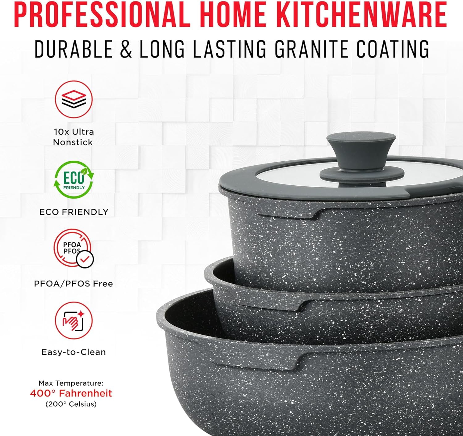 BAKKENMASTER 15 Piece Non Stick Granite Cookware Set, Black