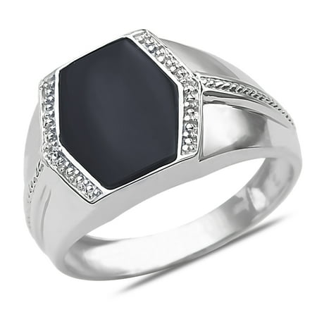 Mens Onyx Dad Ring - Men's Diamond Accent Onyx Ring in 10k White Gold