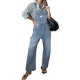 thumbnail image 3 of Women's Casual Loose Denim Work Pants Bib Adjustable Shoulder Strap Wide Leg Capri Denim Jumpsuit, 3 of 5